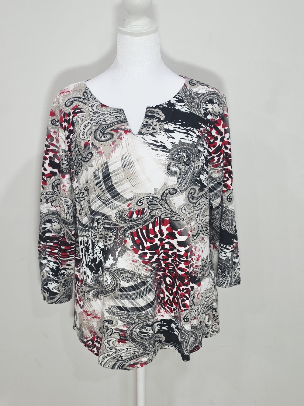 Chico's Red, Black & White Mixed Paisley Notch-Neck Long Sleeve Top